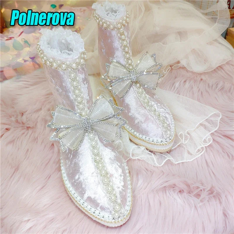 Velvet Lace Bow Snow Boots