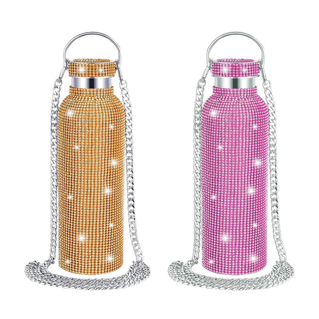 2024 New 750ml Bling Rhinestone Thermos Water Bottle Crossbody Stainless Steel