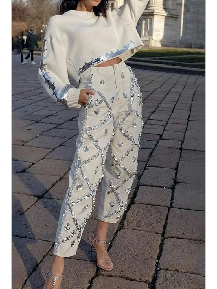 Women Spring Sequin Knitted Sweater and Pants