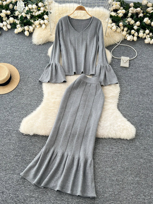 2 Piece Elegant Long Flare Sleeve Pullover Sweater And Trumpet Skirt Sets