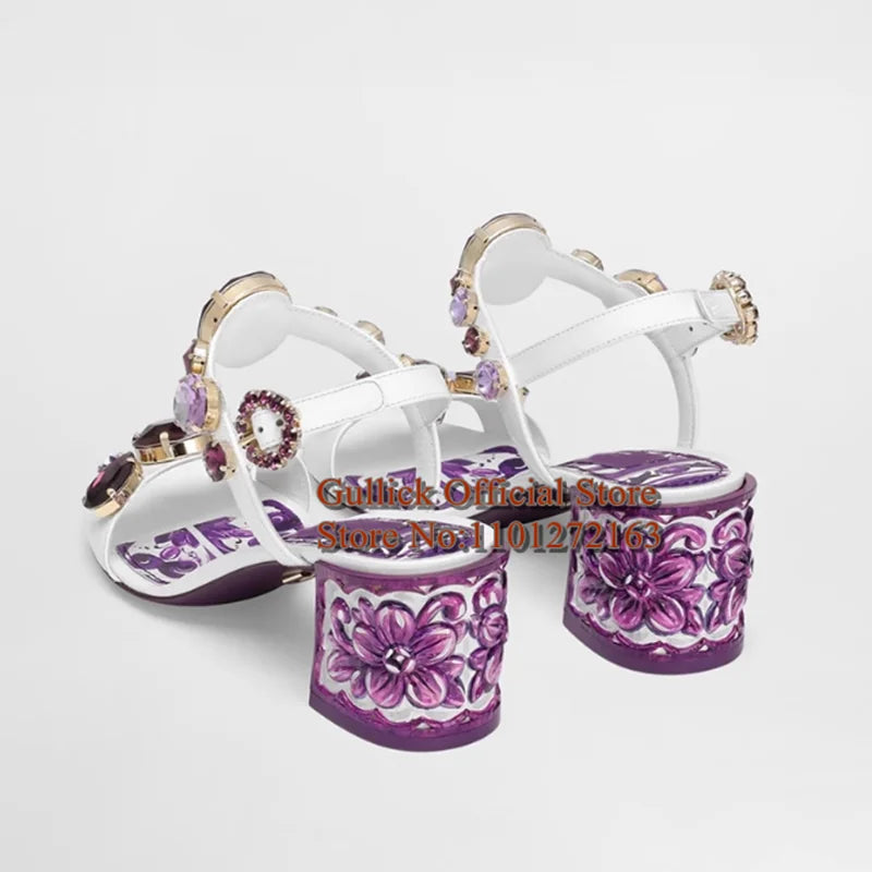 Bohemia Style Rhinestone Gem Chunky Heels Sandals