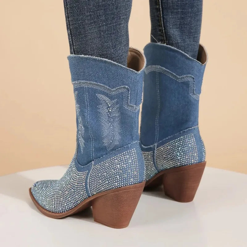 Rhinestone Denim Cowboy Boots