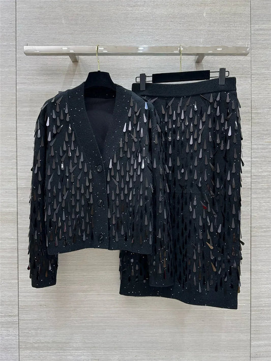 Women's Wool V-Neck Knitted Water Drop Sequins 2 Piece Set