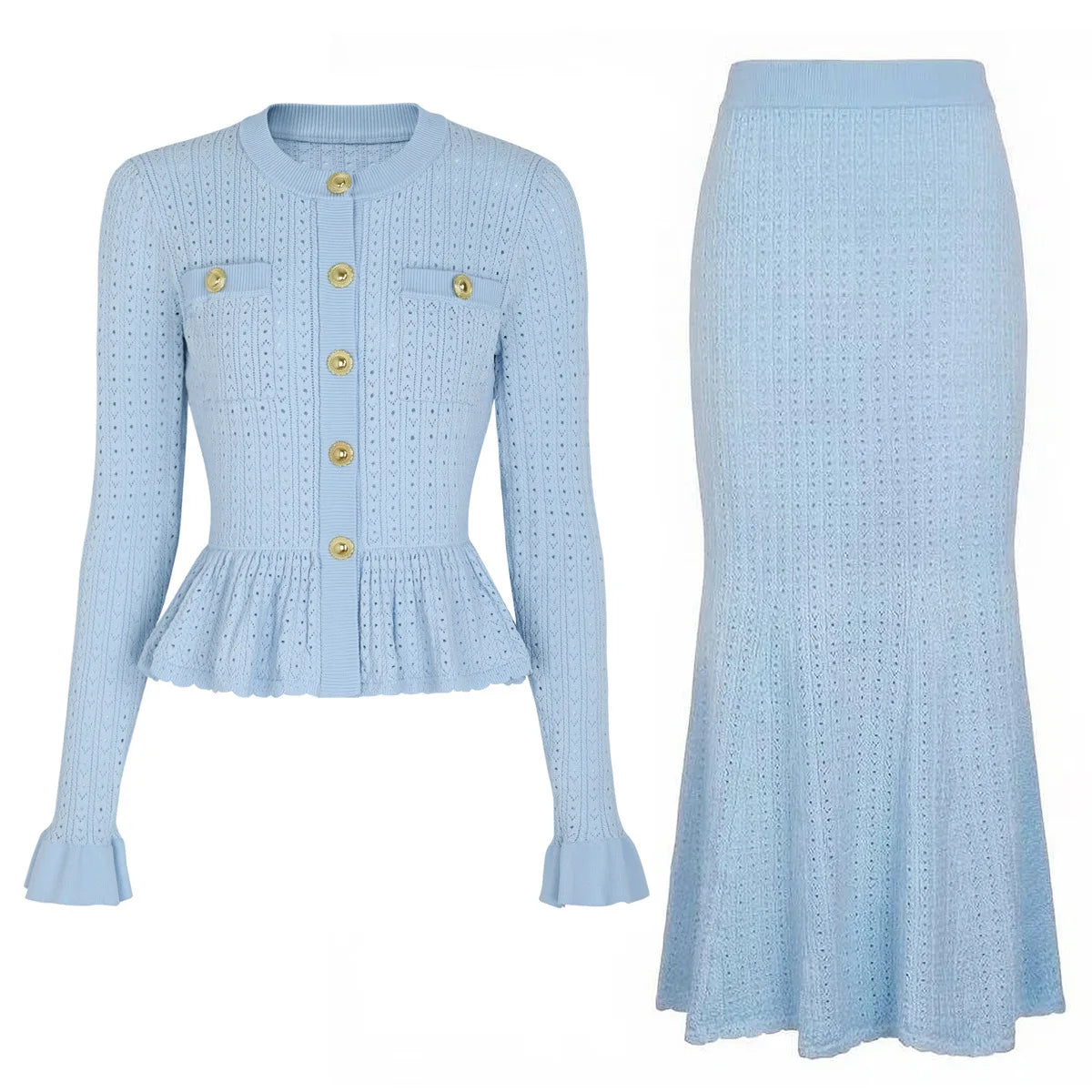 2 Pc Long-Sleeve Knitted Cardigan Jacket + Fishtail Long Skirts Set