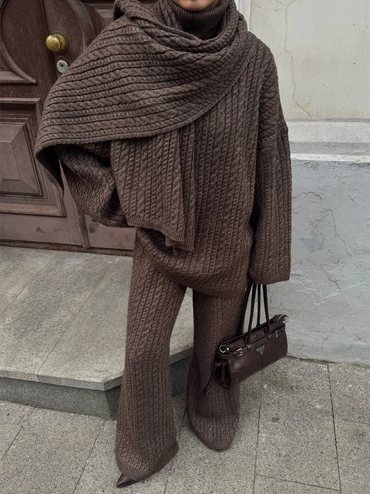 Soft Wool Blend Cable Knit Sweater Wide Leg Pants Set
