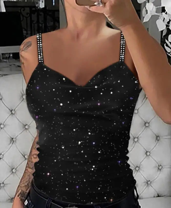 Glitter Rhinestone V-Neck Cami Tops