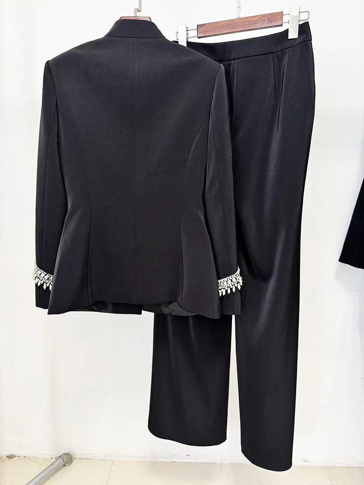 2025 Designer Suit Women Beaded Diamonds Stand Collar Jacket Pants Suit 2pcs Set ﻿