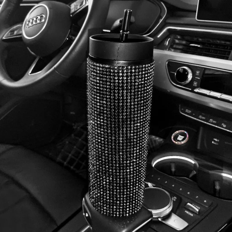 480ml Bling Plastic Coffee Mug Cup With Lid With Straw in Sparkling Rhinestones