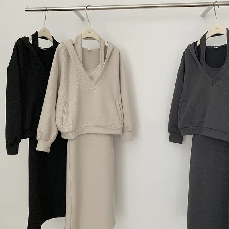 Loose Hooded Neck Dress Loose Sweater Coat  Two-piece