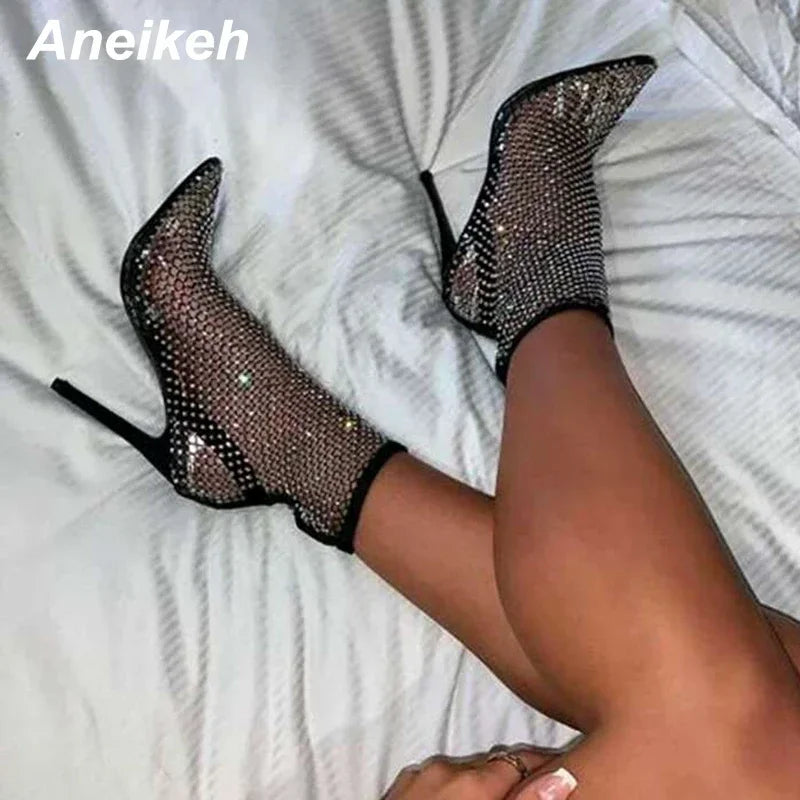 Bling Bling Rhinestone Mesh Pointed toe Ankle Boots