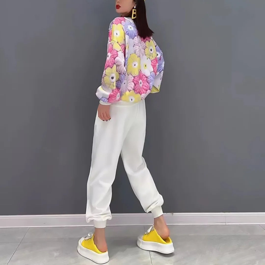Sequined Embroidery Flowers Printed Hoodies Sweatsuit