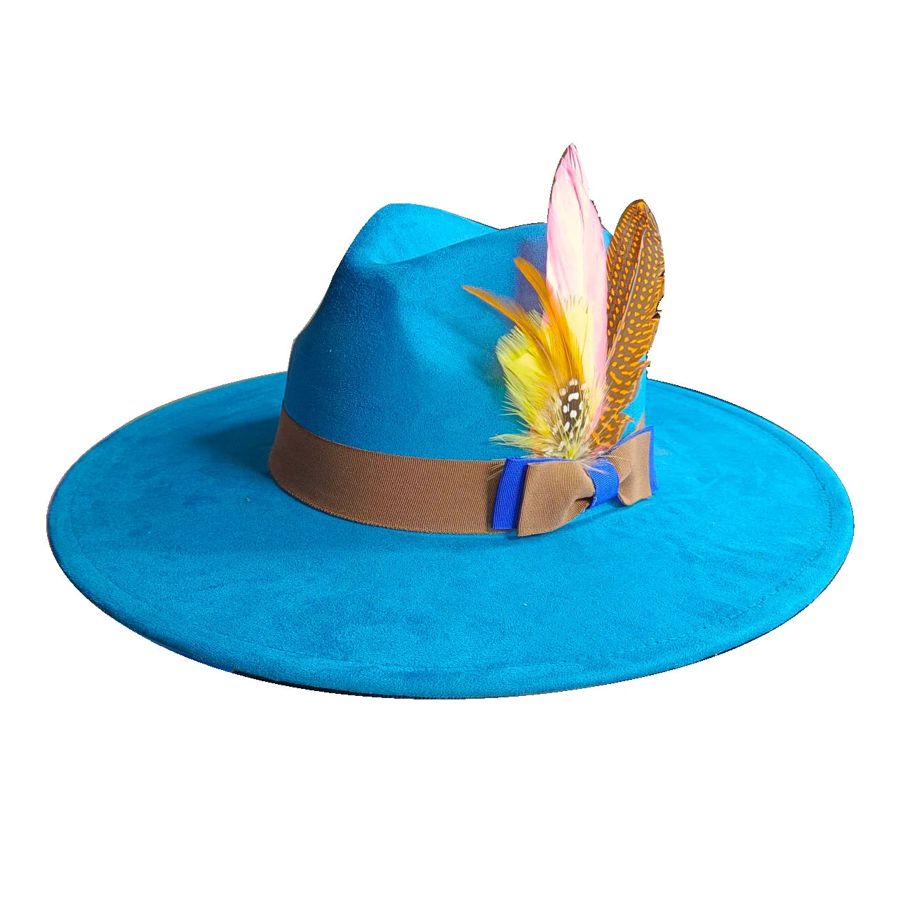 Wide Brim Feather Suede Fedora Hat Heart Top 9.5cm