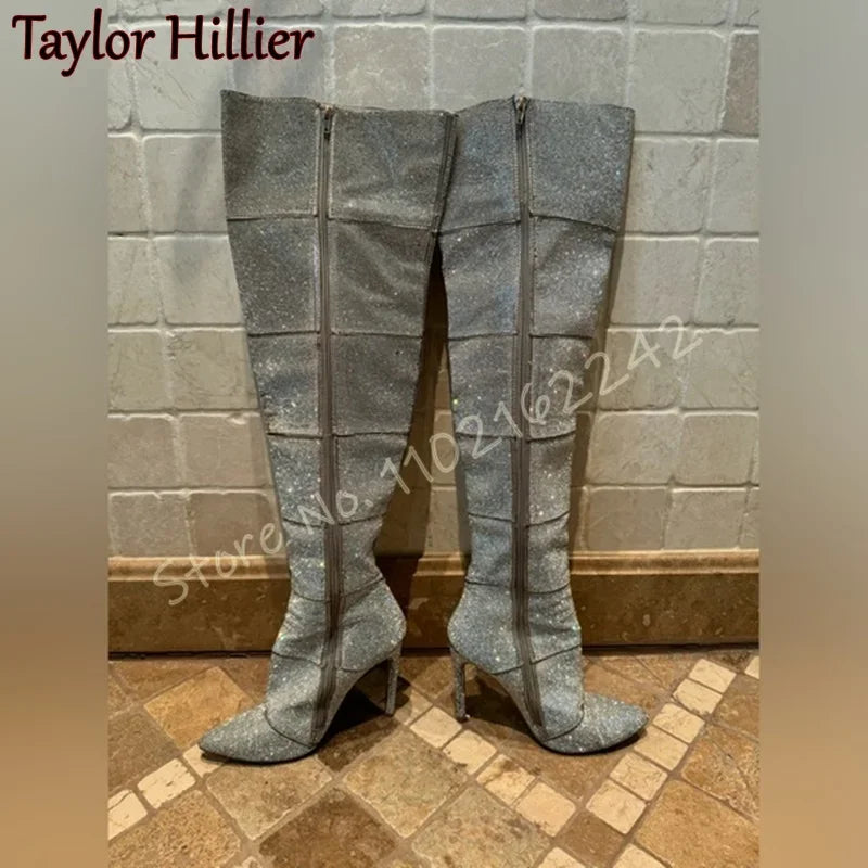 Rhinestone Stitching Over The Knee Boots Women'S Pointed Side Zipper Blingbling Long Boots Fashion Nightclub Dinner Modern Boots