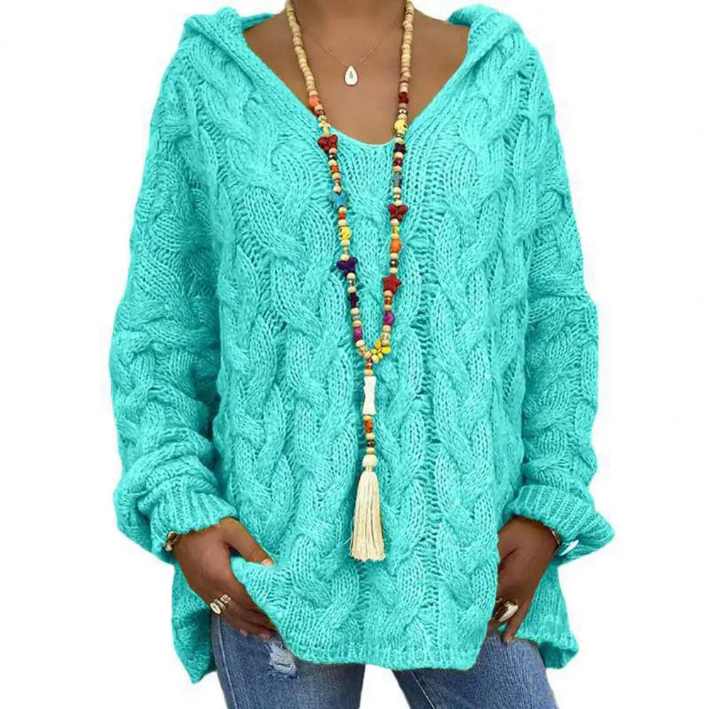 Hooded V-Neck Long Sleeves Twist Knitted Hoodie