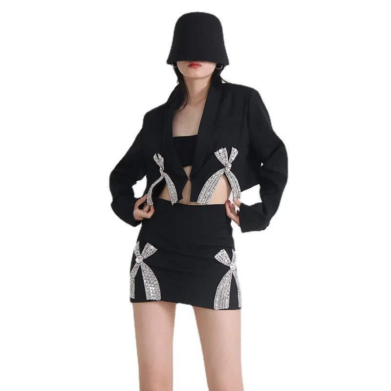 Bow Rhinestones Embellishment Suit