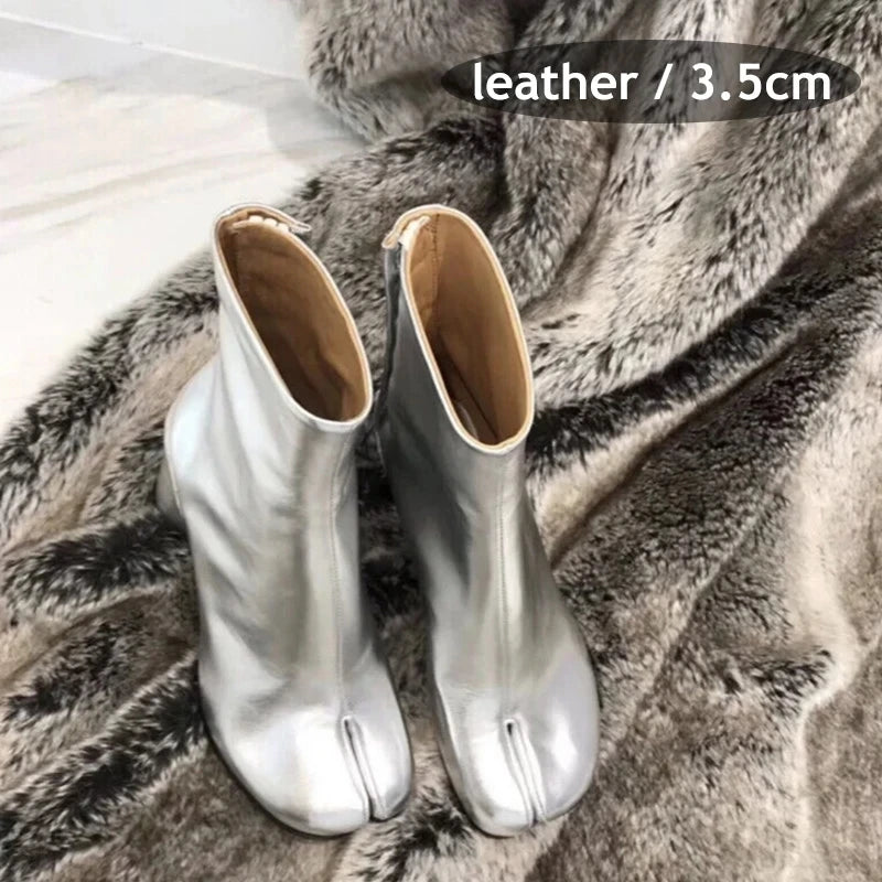 Genuine Leaher Broken Mirror Silver Chunky Heels Booties