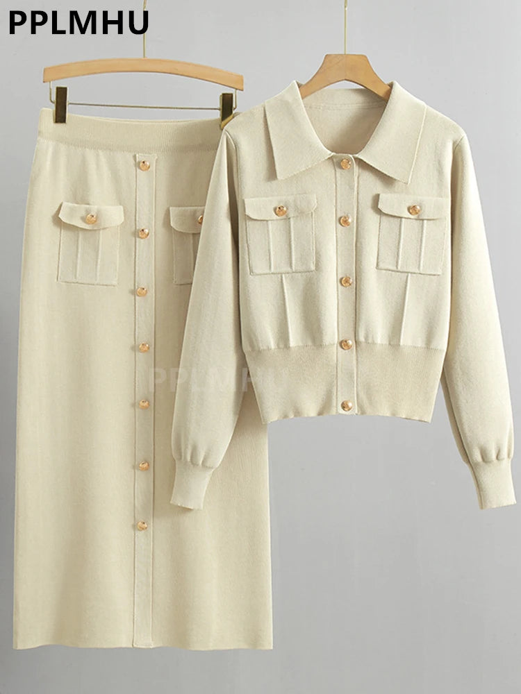 Chic Polo Collar Short Sweater Cardigan 2 Piece Sets