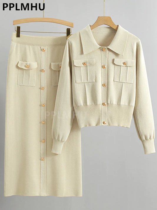 Chic Polo Collar Short Sweater Cardigan 2 Piece Sets