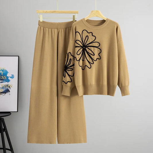 Knitted Rhinestone Flower Sweater Wide Leg Pants Two-piece Set