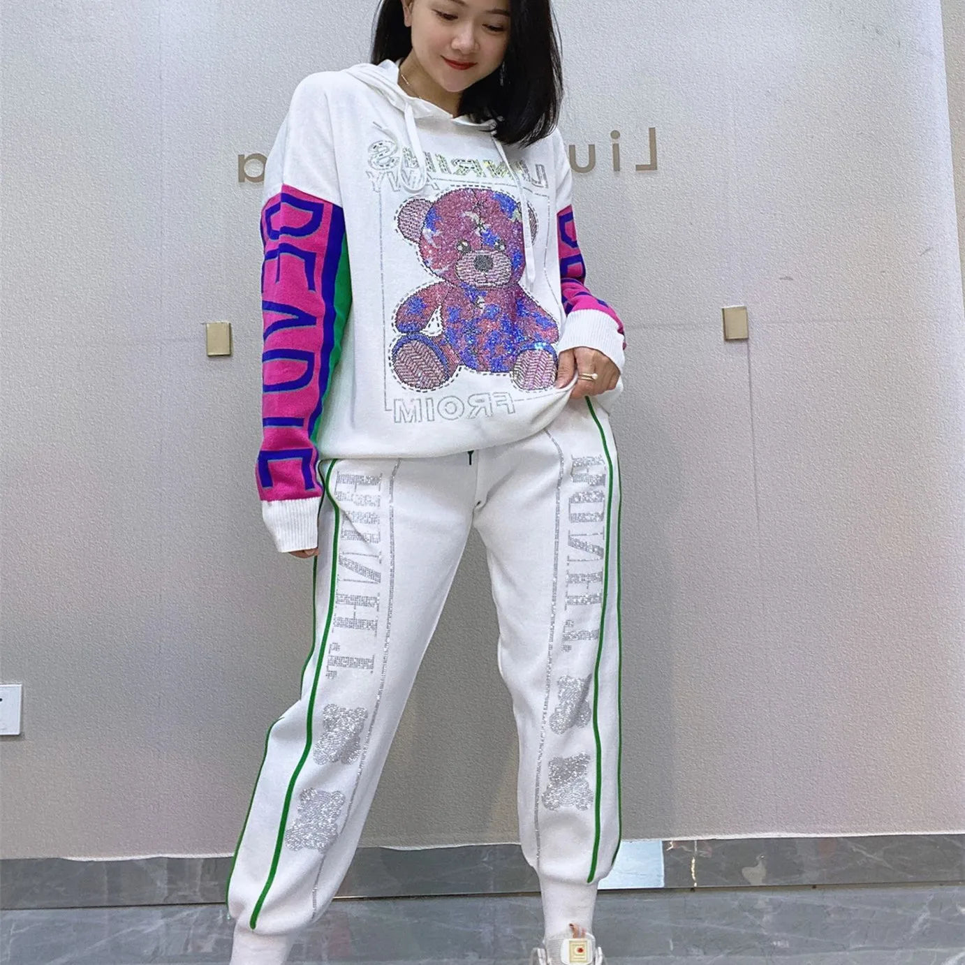 Two Pieces Teddy Bear Sequins  Hooded Sweatshirts And Knitting Pants