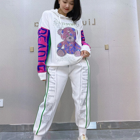 Two Pieces Teddy Bear Sequins  Hooded Sweatshirts And Knitting Pants