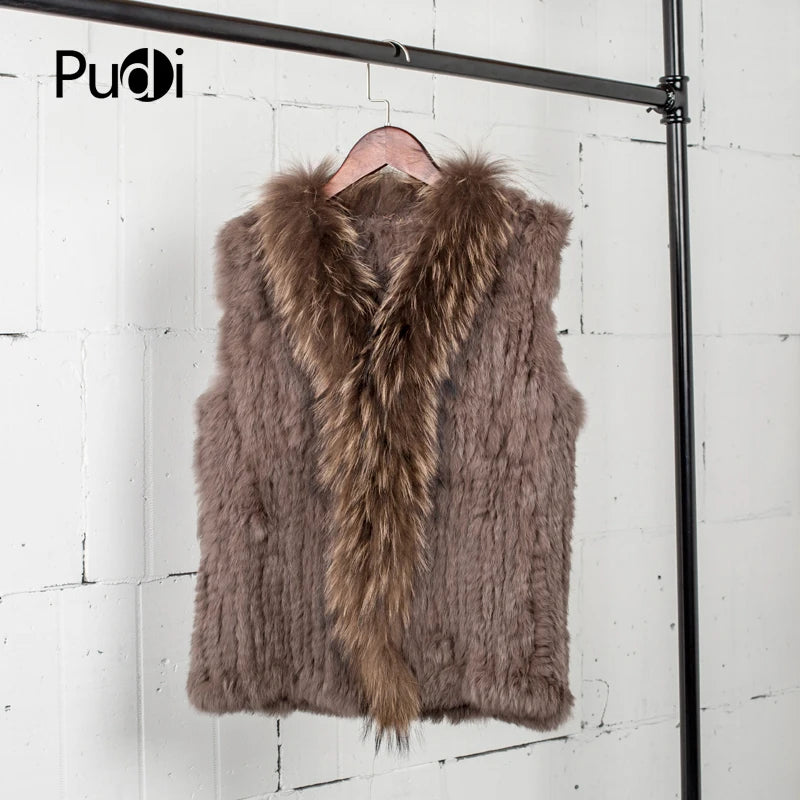 Natural Real Rabbit Fur Vest With Raccoon Fur Collar Jackets