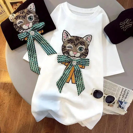 Lazy Cat Exquisite Rhinestone Beaded Bow T-shirt Women's Top