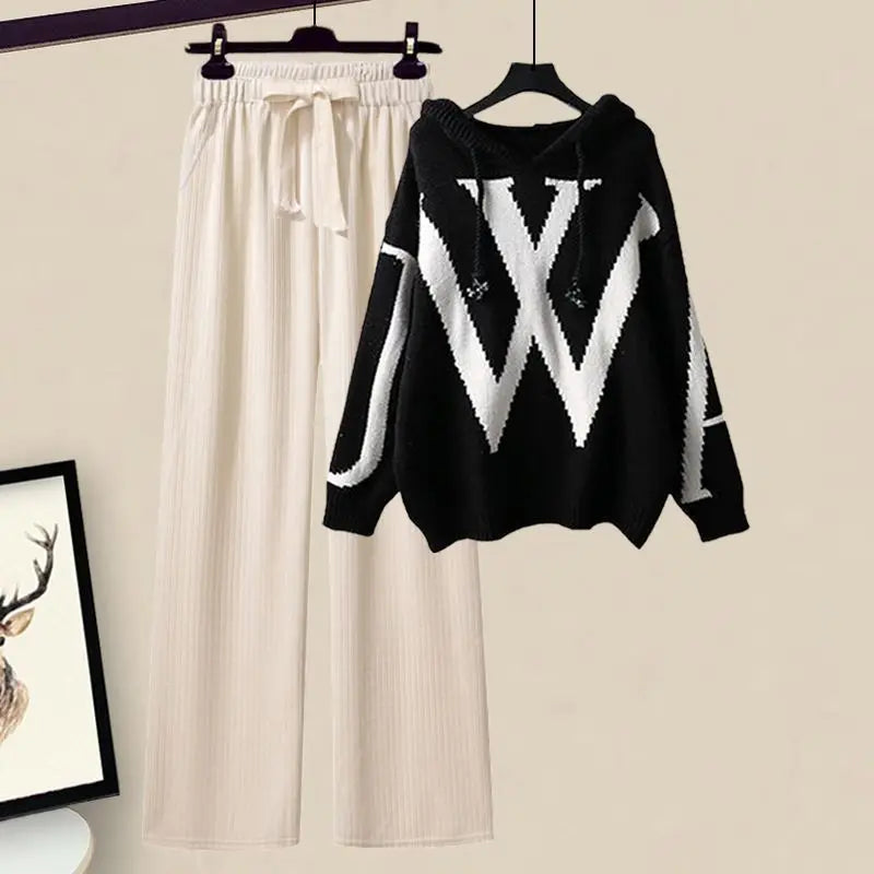 Casual Sweater Waist Cinching and Slimming Wide Leg Pants Two-piece Set