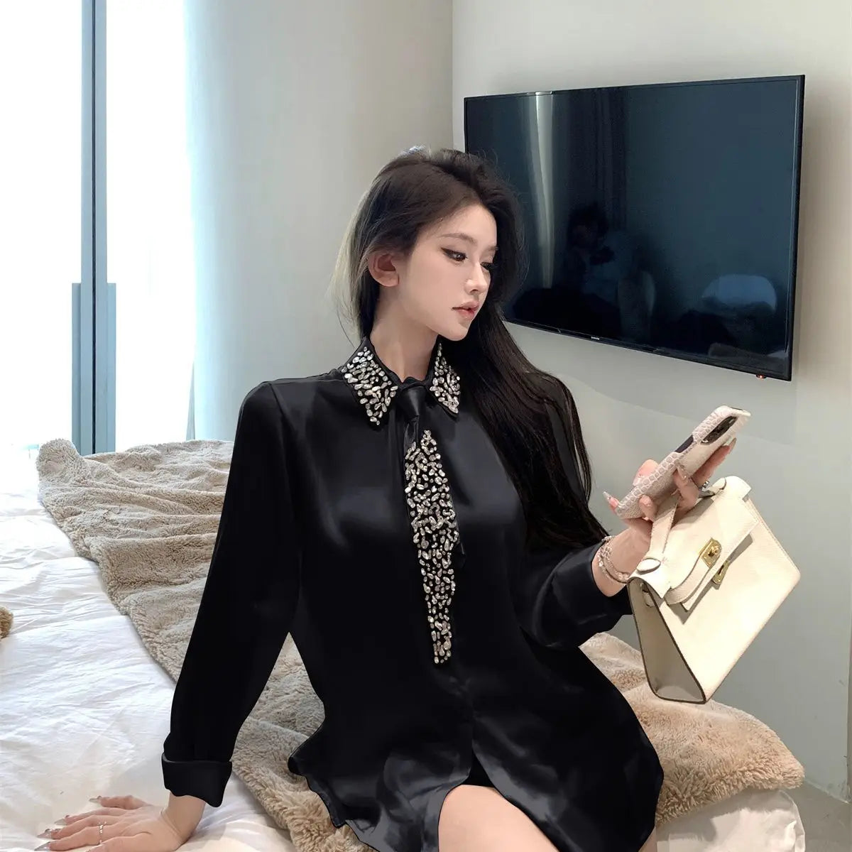 Diamonds Beaded Turn Down Collar Faux Silk Blouse