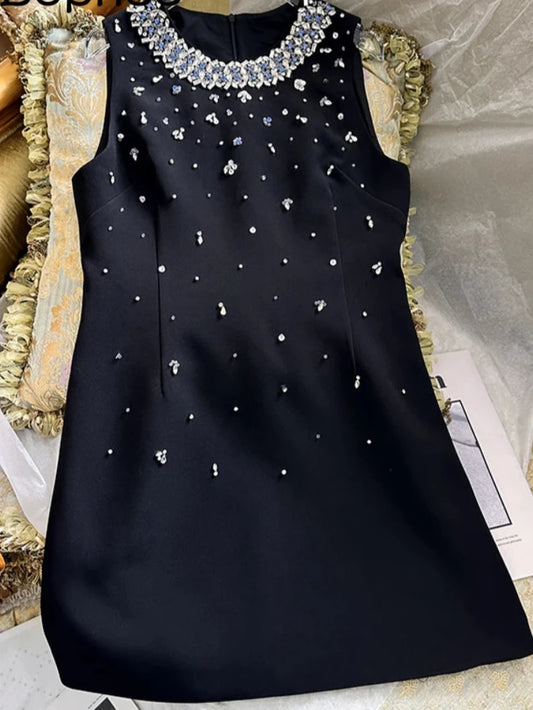 Vintage Sleeveless Rhinestone Round NeckDress