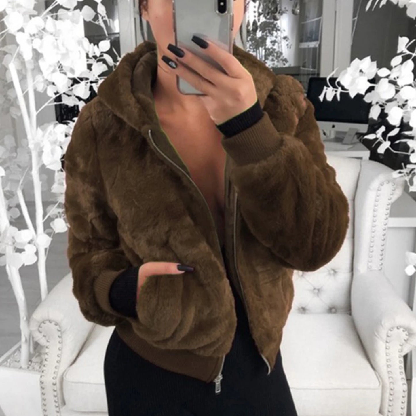 Plush Hoodie With Pocket Faux Fur Jacket