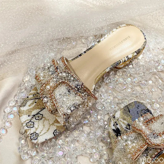 Chunky Heel Fashion Flat Rhinestone Slipper