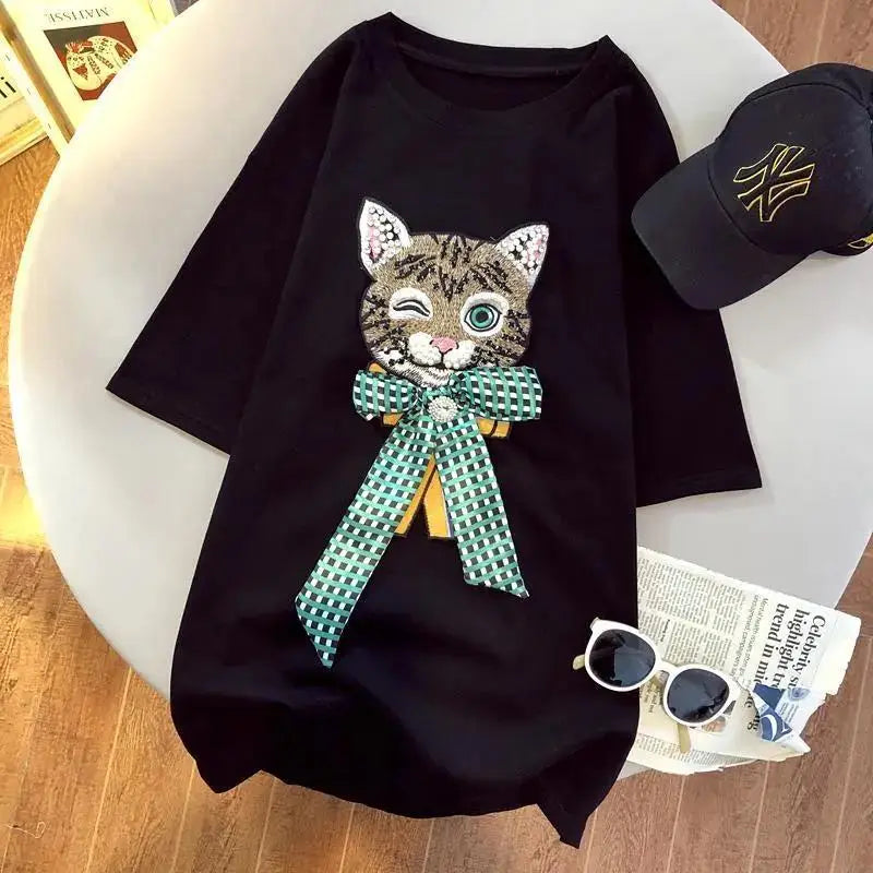 Lazy Cat Exquisite Rhinestone Beaded Bow T-shirt Women's Top