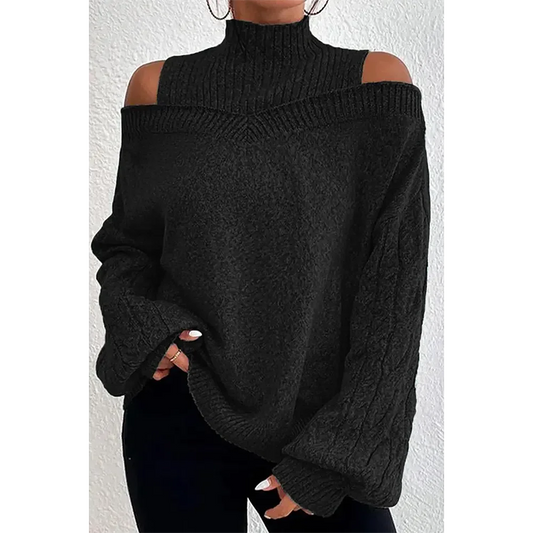 Plus Size Cable Knit Lantern Sleeve Cold Shoulder Sweater