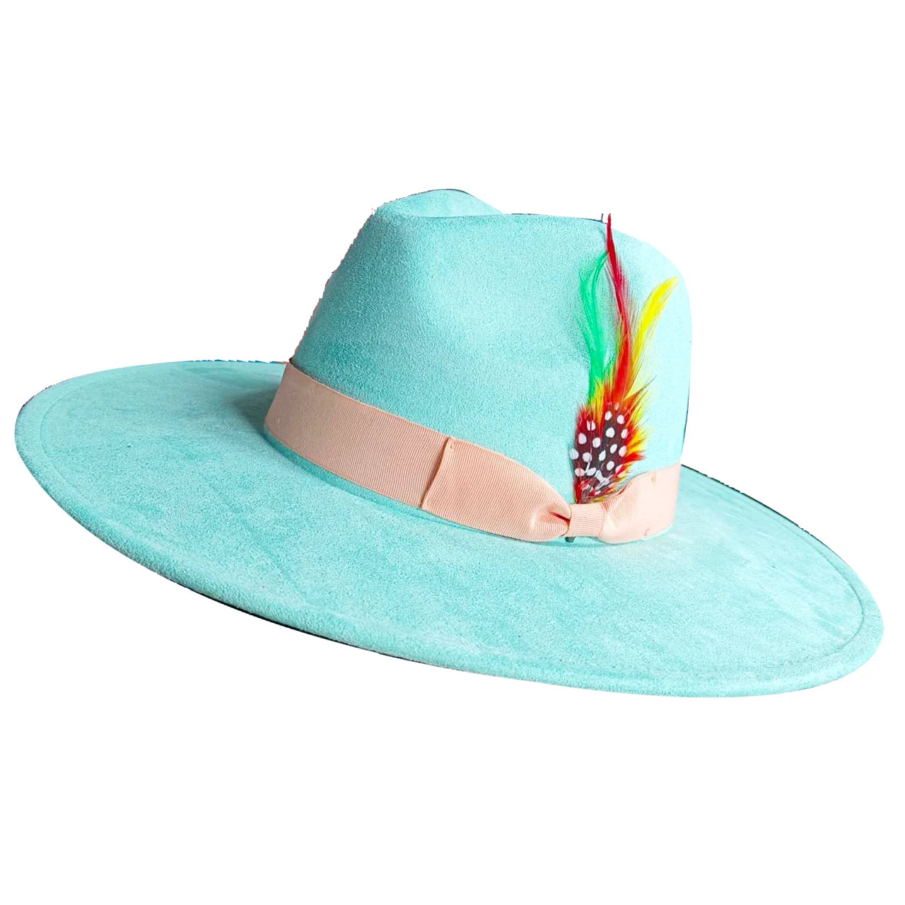 Wide Brim Feather Suede Fedora Hat Heart Top 9.5cm