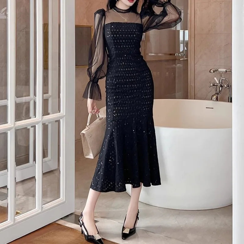 Bling Mesh Black Trumpet Dress