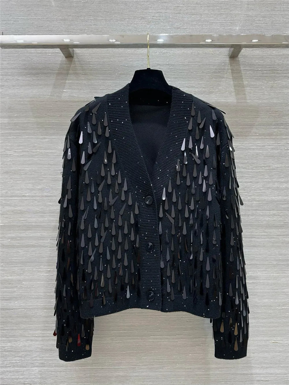 Women's Wool V-Neck Knitted Water Drop Sequins 2 Piece Set