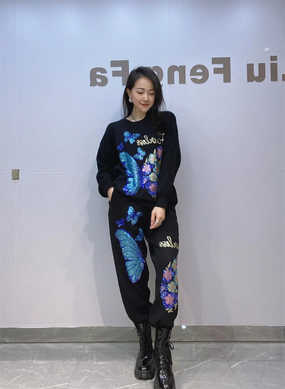 Knitted Crew Rhinestone Pullover Sweater Pants Sports Two-piece Set