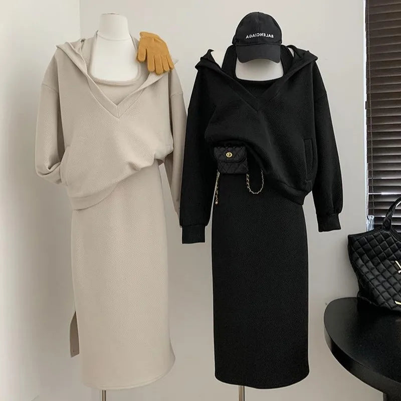 Loose Hooded Neck Dress Loose Sweater Coat  Two-piece