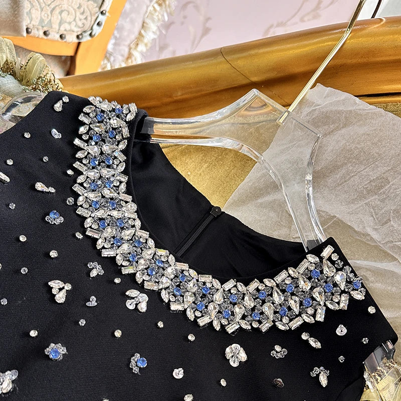 Vintage Sleeveless Rhinestone Round NeckDress