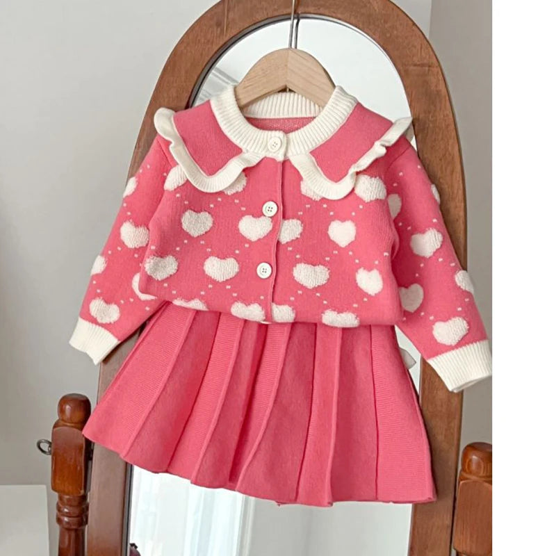 Cute Heart Pattern knit Shirt+ Skirt 2Pcs Sweater Outfit For Kids