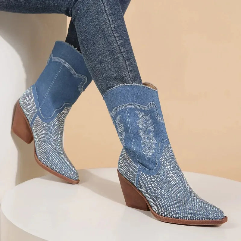 Rhinestone Denim Cowboy Boots