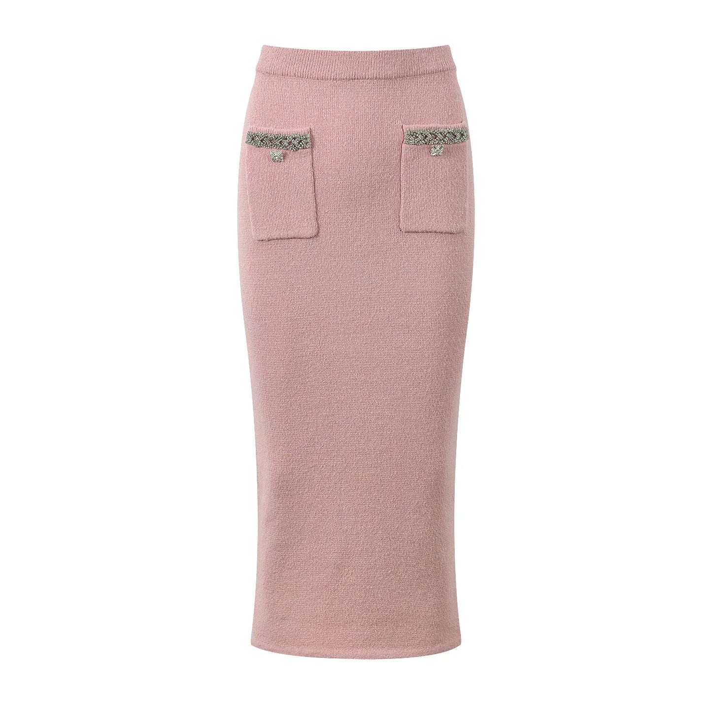 French Style Round Neck  Rhinestone Sweater with  High Waist Long Skirt Set
