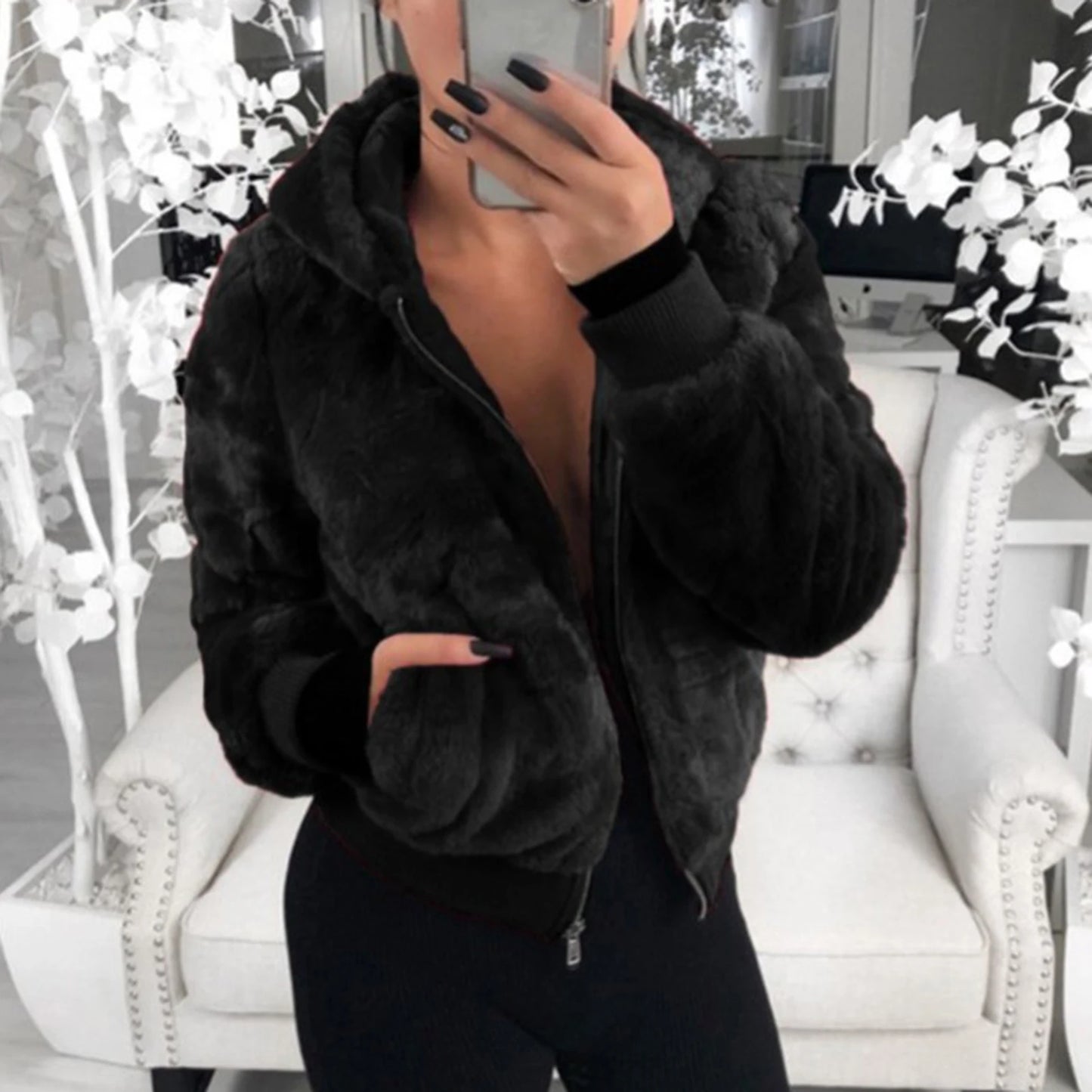 Plush Hoodie With Pocket Faux Fur Jacket