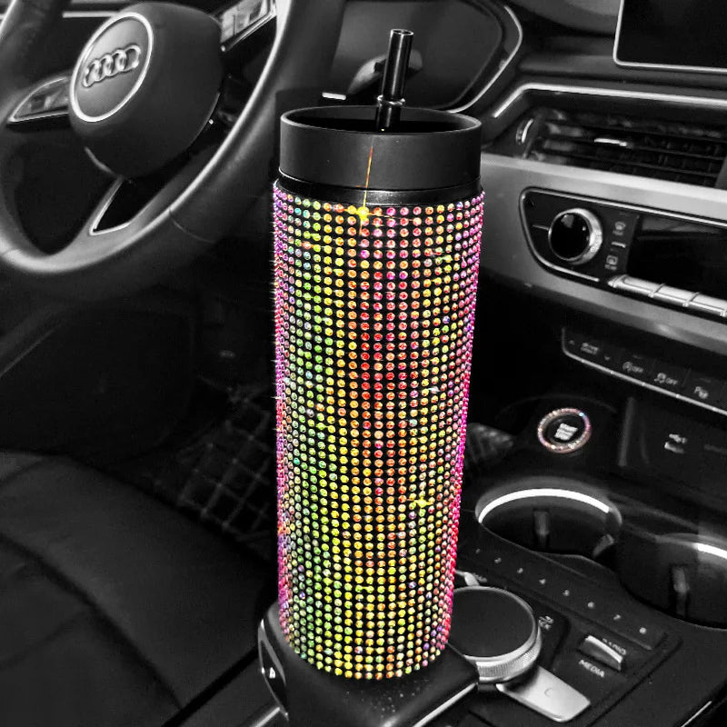 480ml Bling Plastic Coffee Mug Cup With Lid With Straw in Sparkling Rhinestones