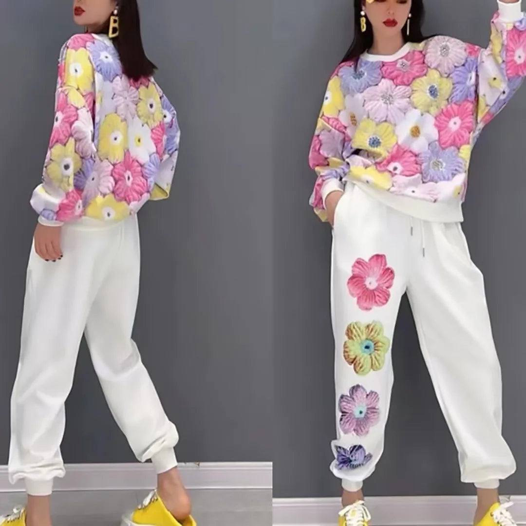 Sequined Embroidery Flowers Printed Hoodies Sweatsuit