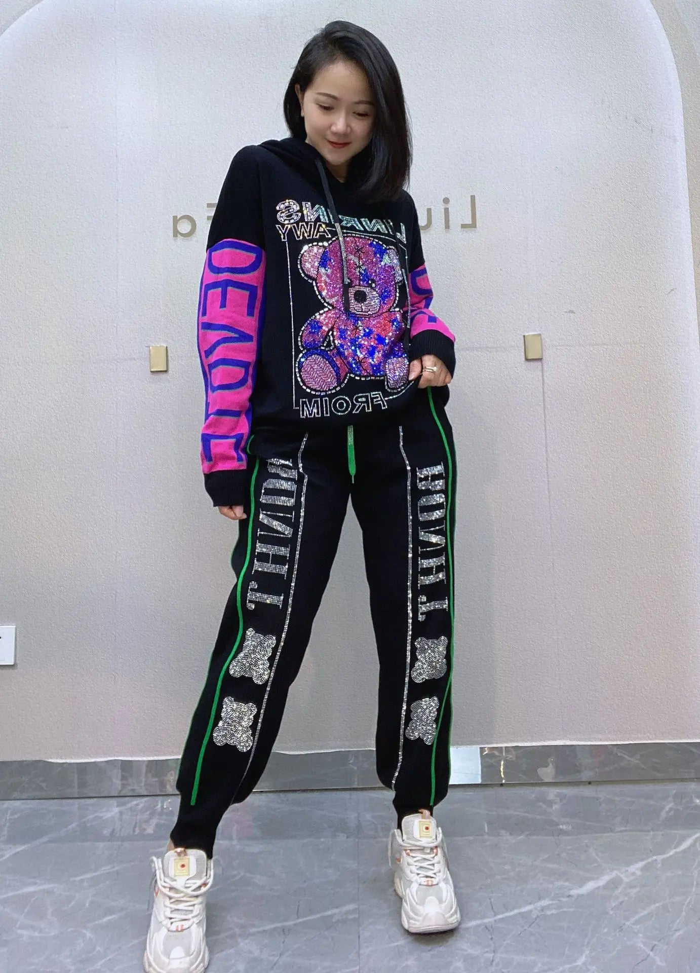 Two Pieces Teddy Bear Sequins  Hooded Sweatshirts And Knitting Pants