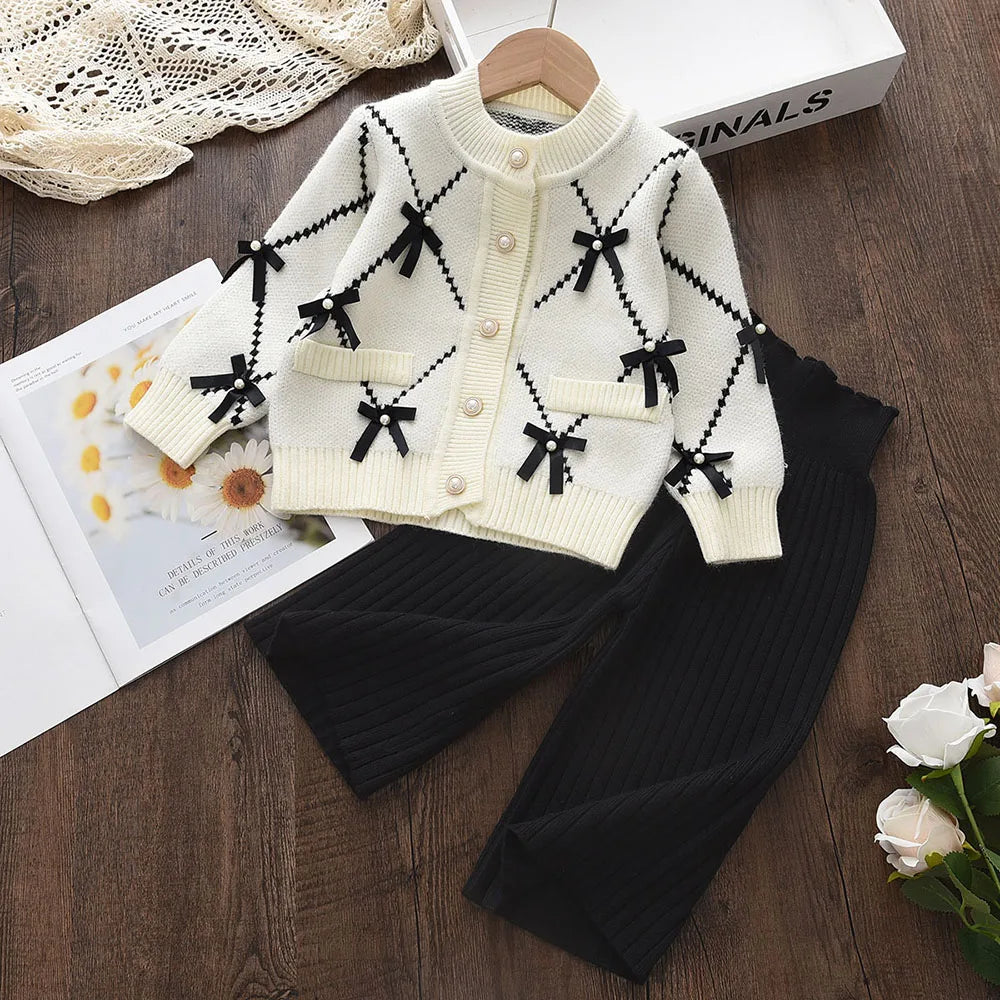 Girls Cardigan Knit Bow 2pcs Set