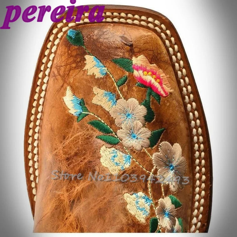 Embroidered Flower Rose Garden Mid-Calf Cowboy Boots