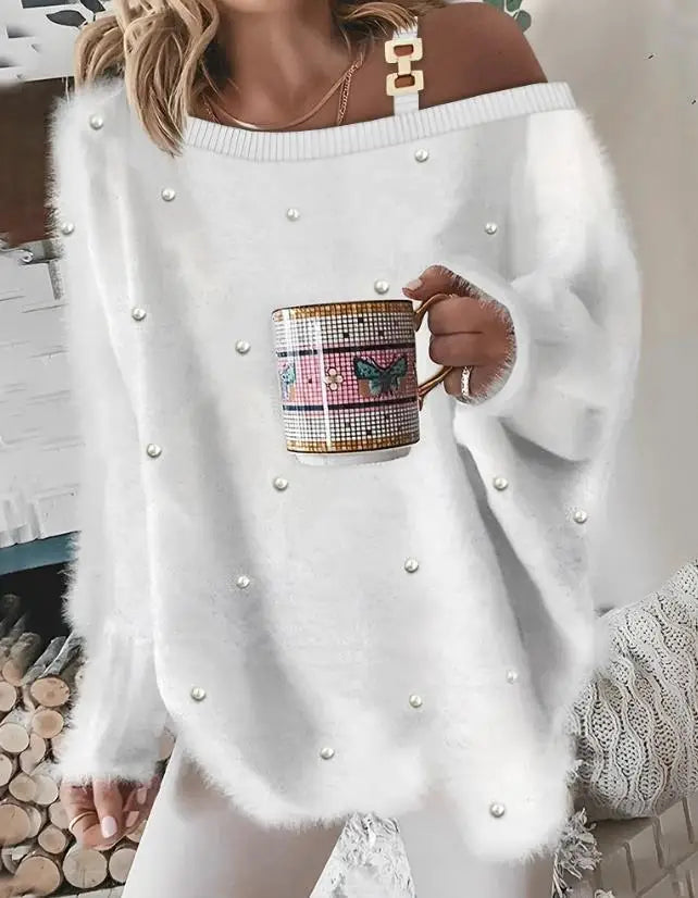 Casual Pearl Cold Shoulder Fuzzy Sweater